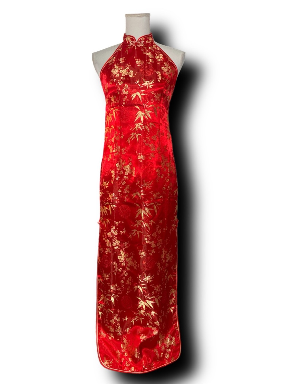 Vintage Silver Dragon Satin Halter Cheongsam Qipao Dress Gold Floral Jacquard